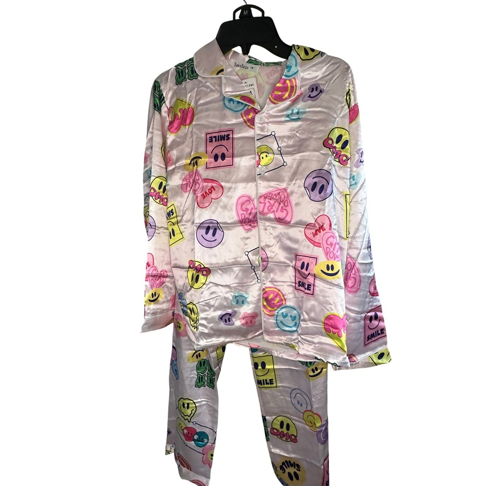 Beezizac Kids Pajama Set Long Sleeve Pants Smiley Face Love Print Size‎ 14